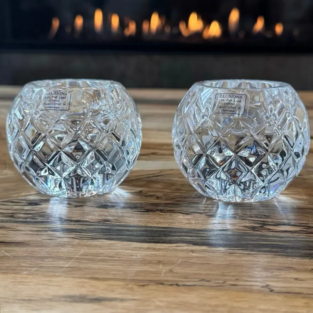 Pair VTG Illusions Samobor 24% Lead Crystal Votive Candle Holder Rose Bowl Set 2